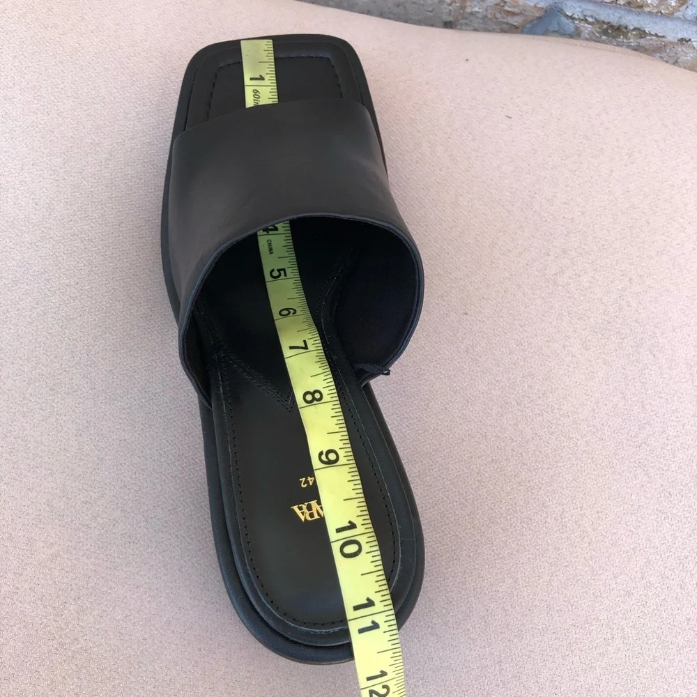 Zara Black Leather Chunky Heel Squared Toe Versatile Slip On Platform Shoes‎ 42